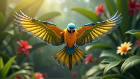 Vibrant parrot in mid-flight above a lush garden with tropical plants and flowers.