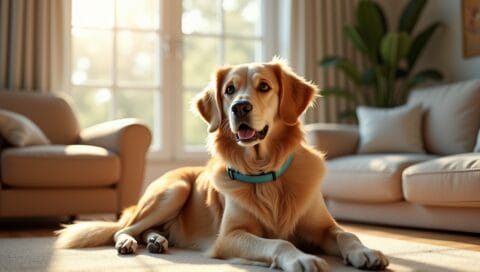 Friendly large dog with shiny coat sitting in cozy sunlit living room.