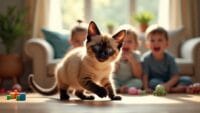 Playful Tonkinese cat with chocolate and cream coat interacting with laughing children in cozy living room.