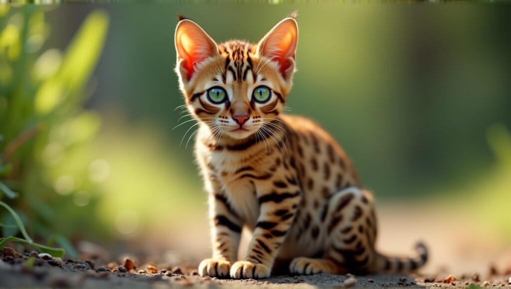 Bengal cat with bold spots, marbling coat, and striking emerald green eyes in nature.