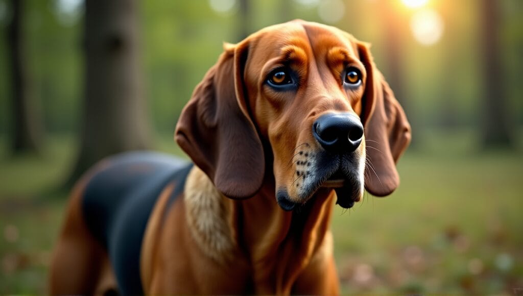 Majestic hound dog in lush forest, showcasing muscular build and keen expression.