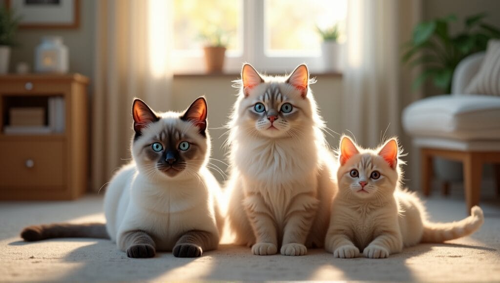 Siamese, Persian, and British Shorthair cats in a cozy living room setting.