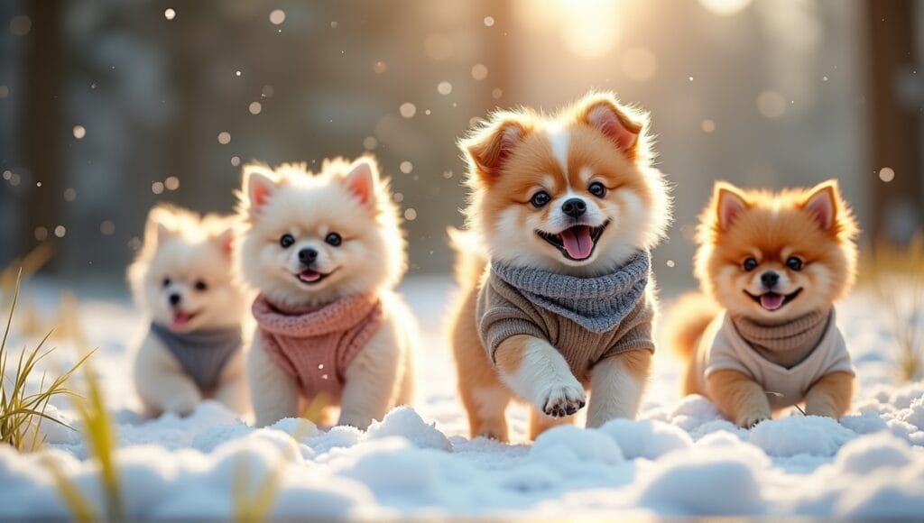 Fluffy dogs playing in snow and sunshine, wearing sweaters and bandanas.