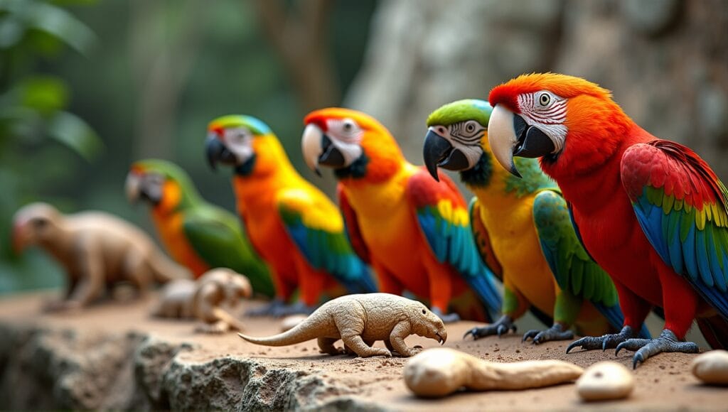 Evolutionary timeline of parrots from ancient dinosaurs to modern species with fossils.