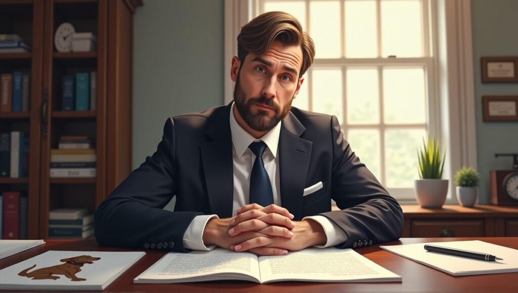 Thoughtful lawyer in suit at desk with legal documents and dog breed images.