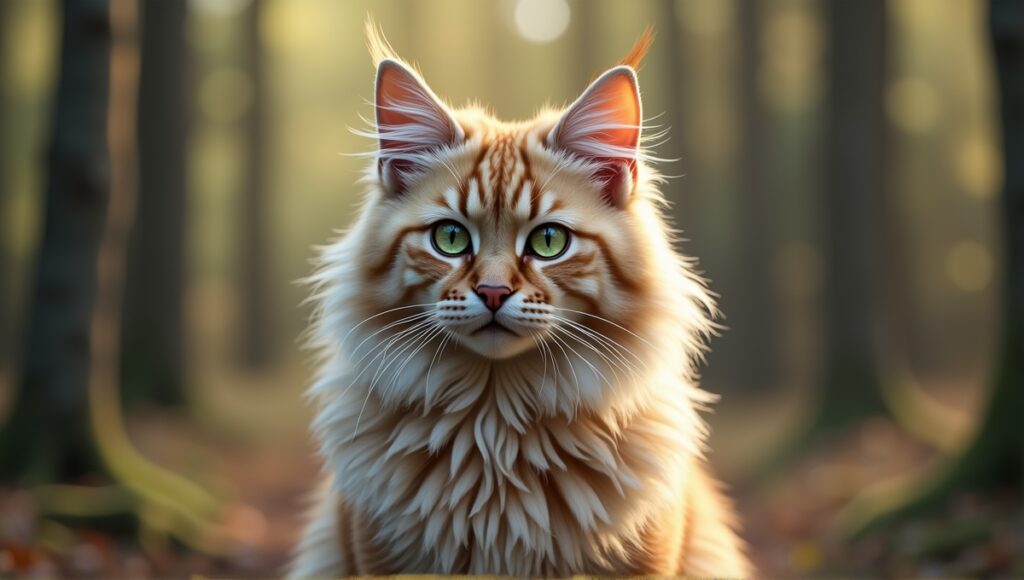 Norwegian Forest Cat with lush cream and tabby fur, expressive green eyes in a forest.