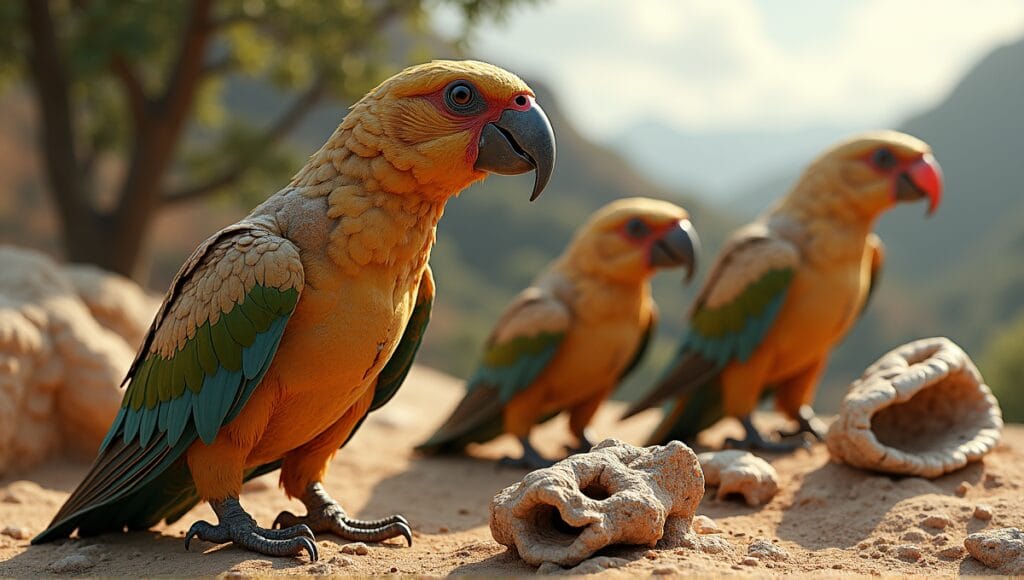 Remarkable parrot fossils showcasing intricate anatomical features in a natural landscape setting.