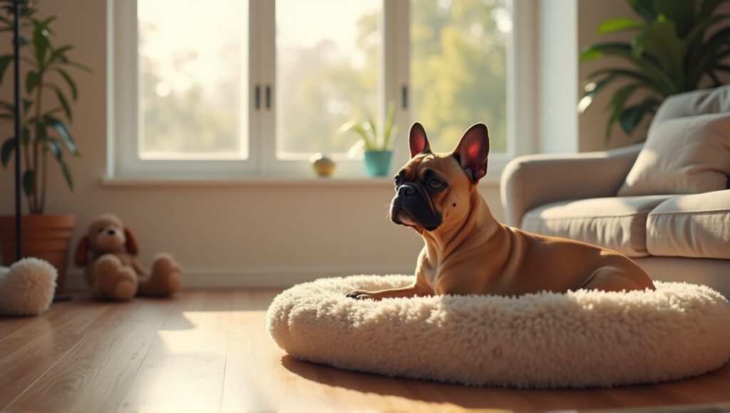 Serene living space with a French Bulldog lounging on a plush dog bed.