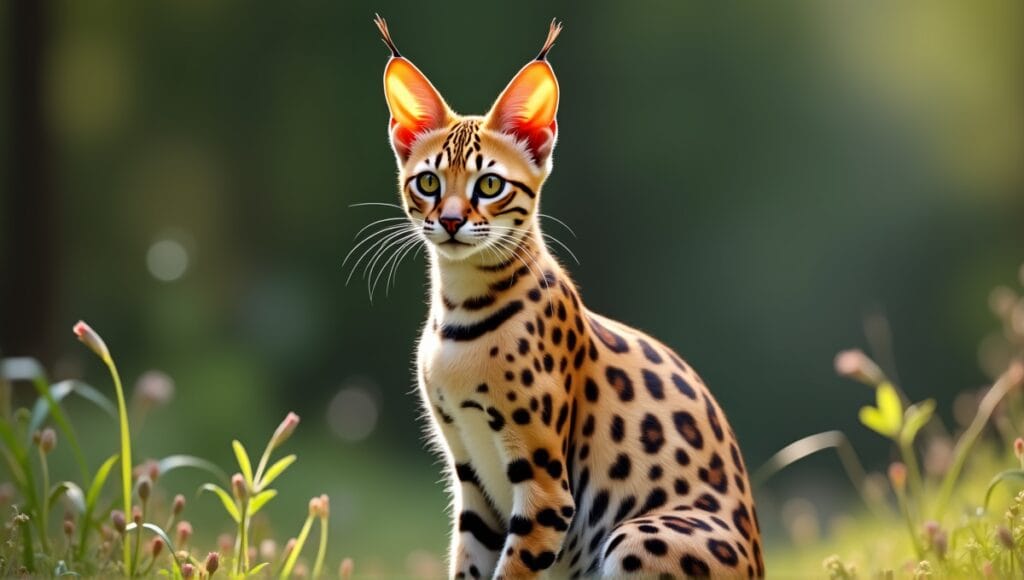 Savannah cat with distinct spots, stripes, sharp features, and large expressive ears outdoors.