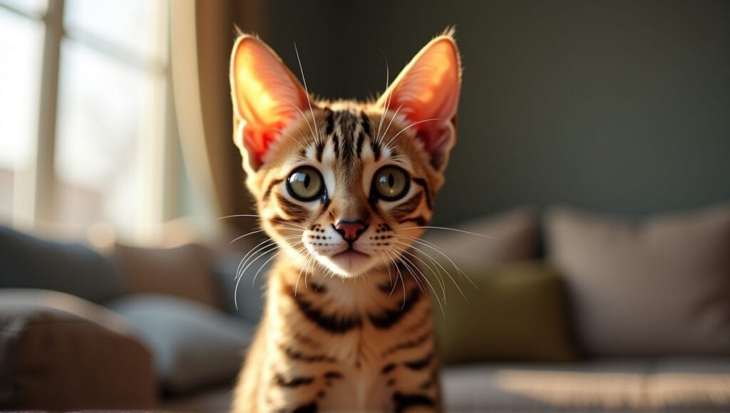 Portrait of a playful Savannah cat with expressive eyes and unique coat patterns.