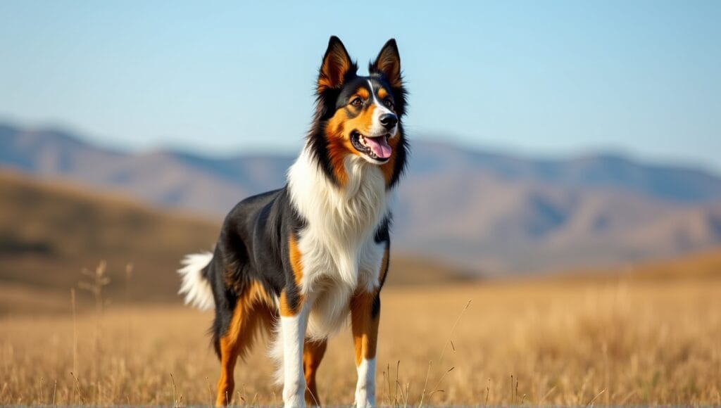 Portrait of an alert herding dog in a picturesque field under a clear blue sky.