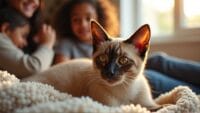 Playful Burmese cat with amber eyes being gently petted by a child in a cozy living room.