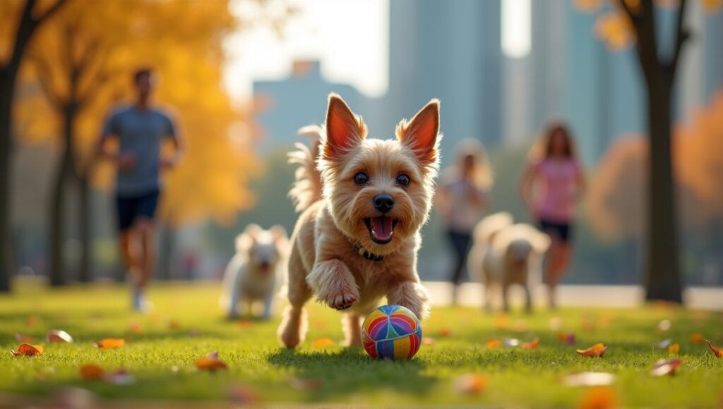 Small terrier playing with a colorful toy in a lively urban park setting.