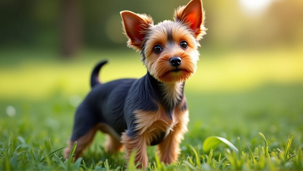 Small brown and black terrier with expressive eyes and perky ears in green grass.