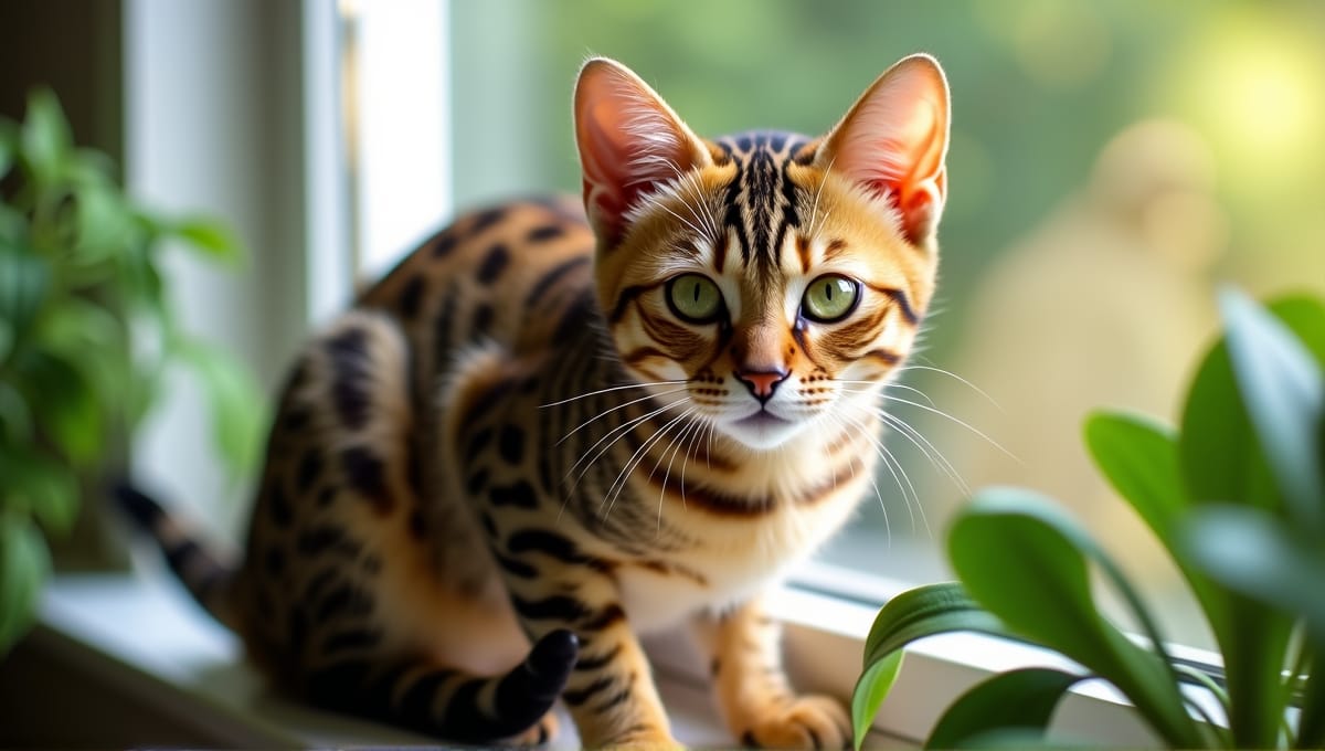 Majestic Bengal cat with spotted coat and green eyes on a sunlit windowsill.