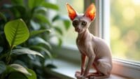 Peterbald cat with large ears sitting on a sunlit windowsill among green plants.