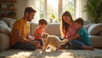 Family enjoying time with a hypoallergenic cat in a cozy living room.