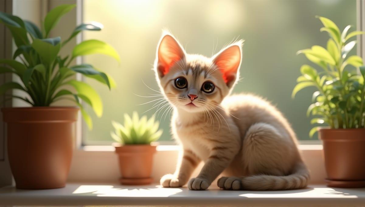 Playful Singapura cat with large eyes sitting on a sunlit windowsill among plants.