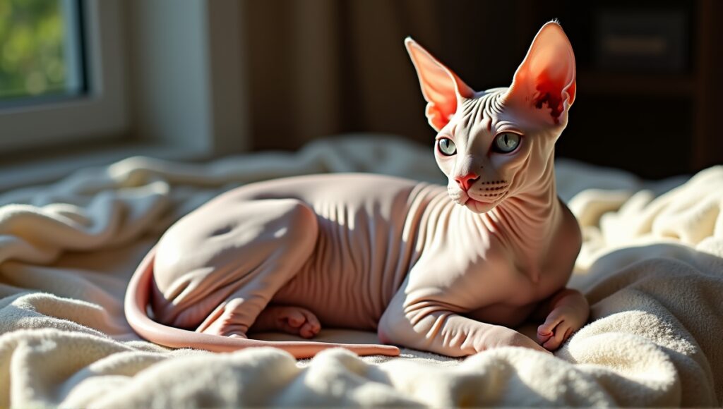 Sphynx cat lounging on a blanket, showcasing hairless body and prominent features.