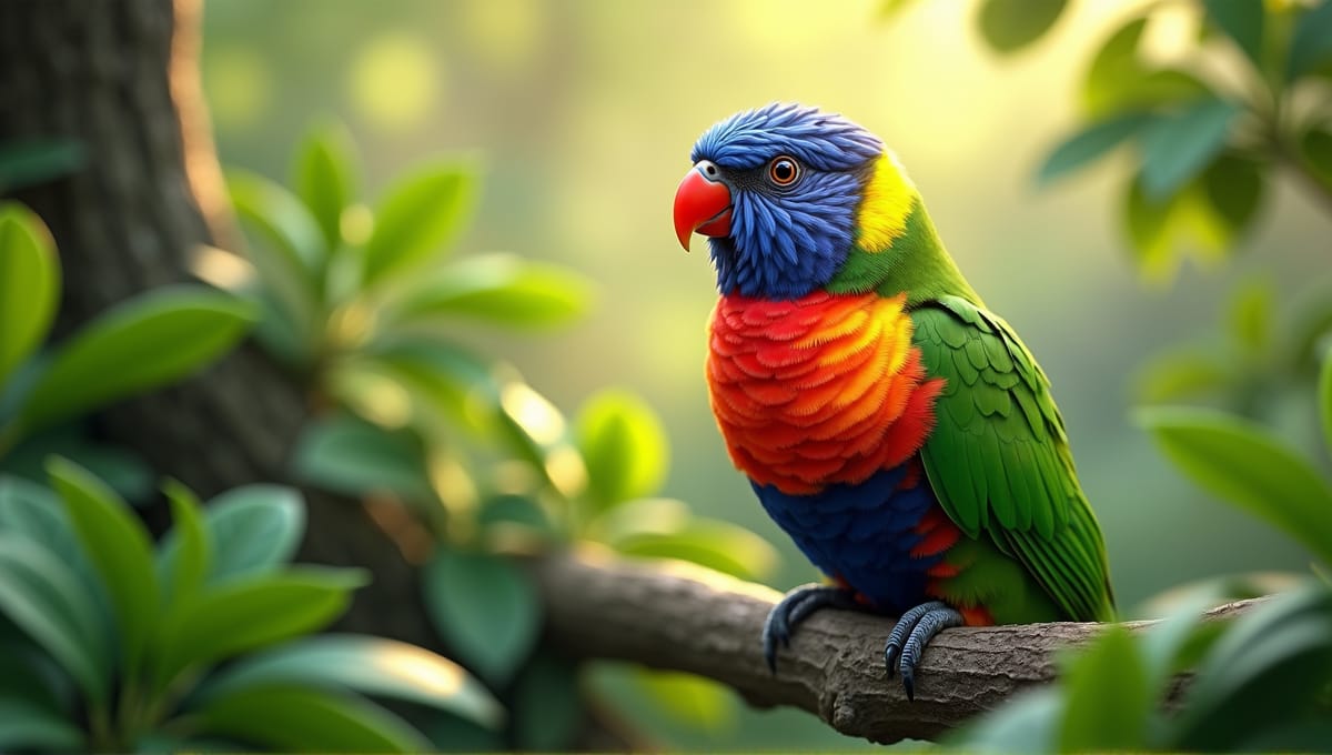 Colorful exotic bird perched on a branch surrounded by lush green foliage.