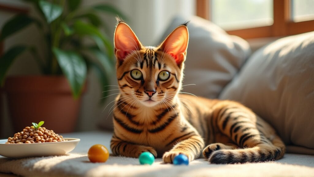 Portrait of a caracal hybrid cat with tufted ears in a cozy living room.