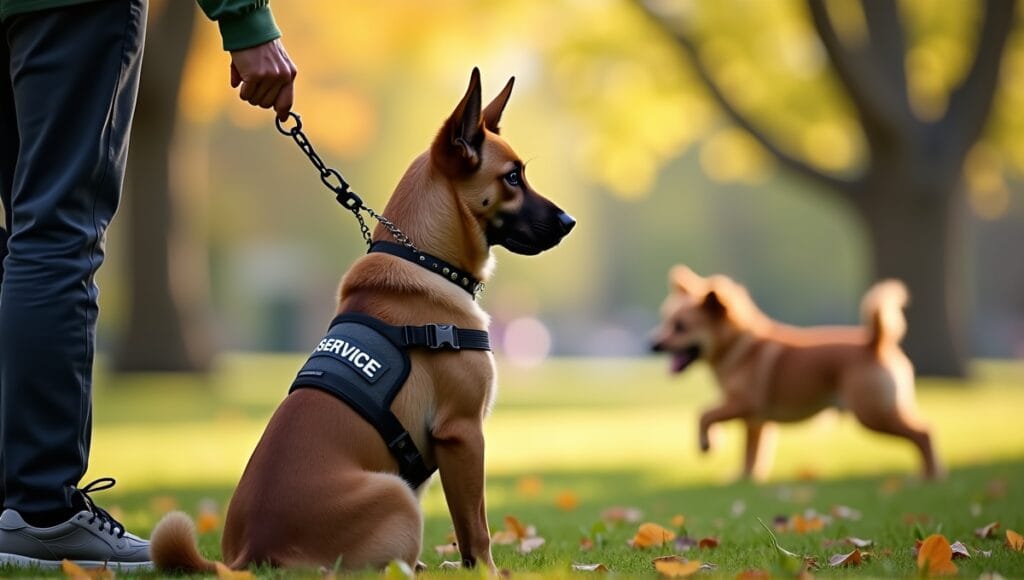 Service dog in harness sits next to person, companion dog plays with child nearby.