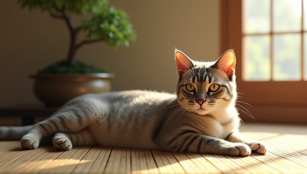 Japanese cat breed lounging on a tatami mat with a bonsai tree nearby.