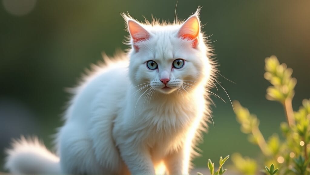 White cat with bright blue eyes and fluffy coat in a natural setting.