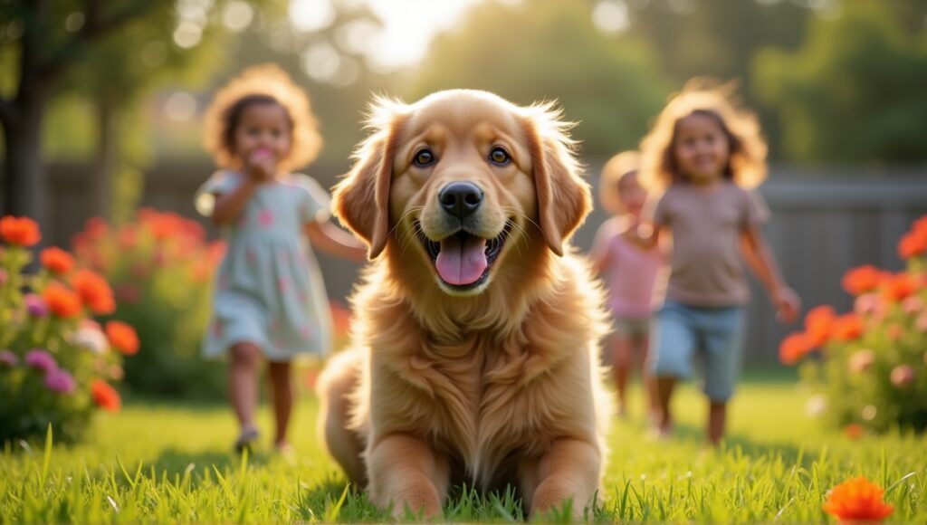 Playful Golden Retriever in a backyard with colorful flowers and children playing joyfully.