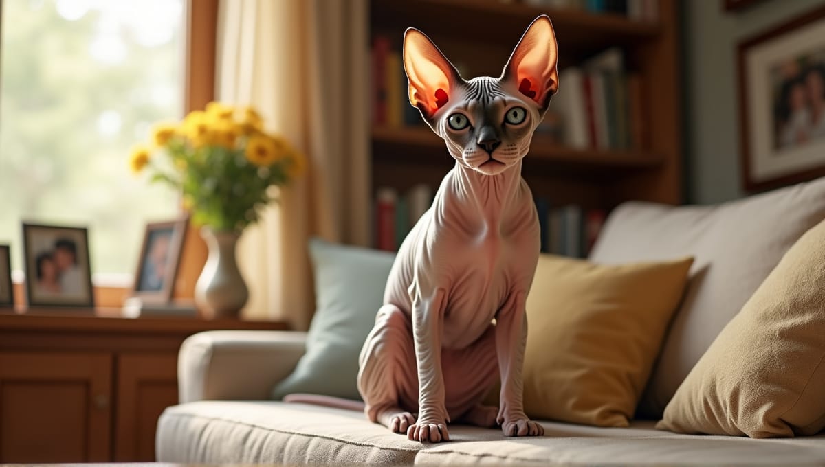 Sphynx cat with wrinkled skin and large ears sitting on a cozy couch.