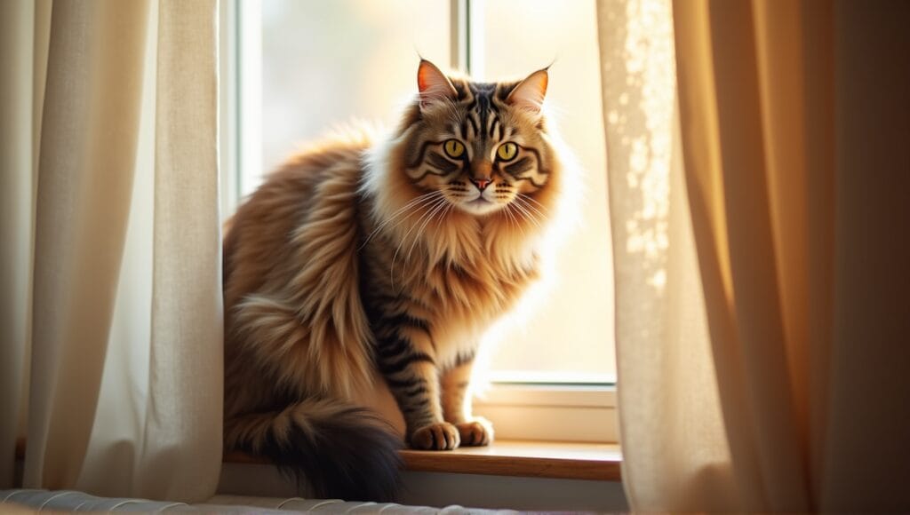 Long-haired cat with luxurious fur resting on a sunlit windowsill, showcasing its expressive eyes.