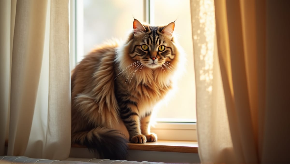 Long-haired cat with luxurious fur resting on a sunlit windowsill, showcasing its expressive eyes.