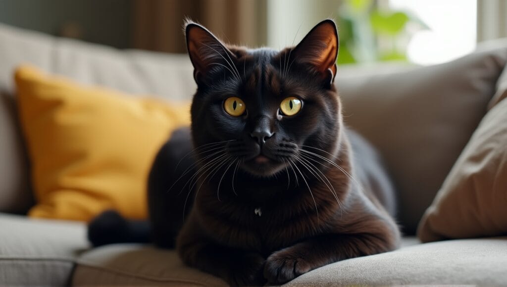 Black British Shorthair cat with round face and plush coat in a cozy living room.