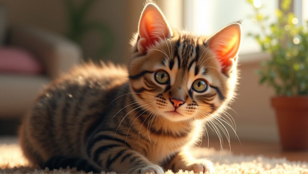 Portrait of an Asian tabby cat playing with a child in a cozy living room.