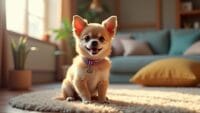 Tiny dog breed playfully sitting in cozy living room with colorful collar and toys.