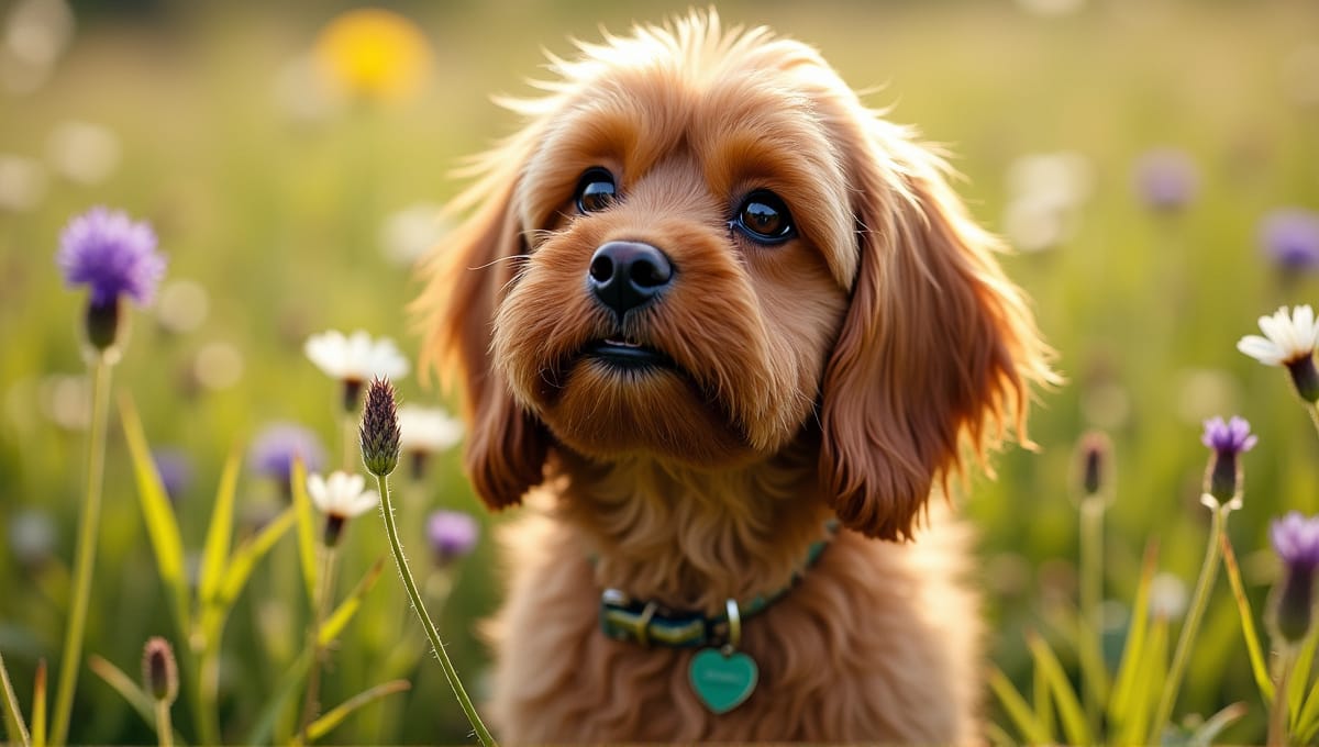 Long-haired dog with shiny coat playfully in a sunny grassy field with wildflowers.