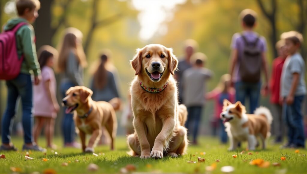 Friendly golden retriever in colorful collar plays with children in a lively park.