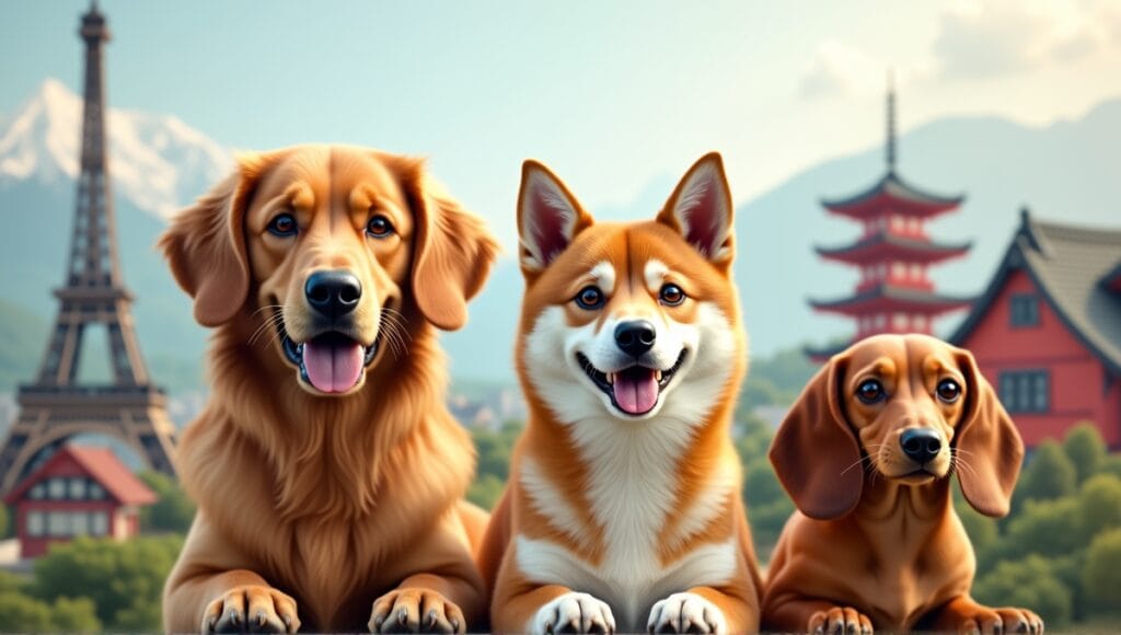 Golden retriever, shiba inu, and dachshund with iconic landmarks in the background.