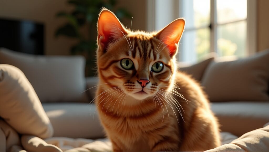 Havana Brown cat with mahogany coat and green eyes seated in a cozy living room.