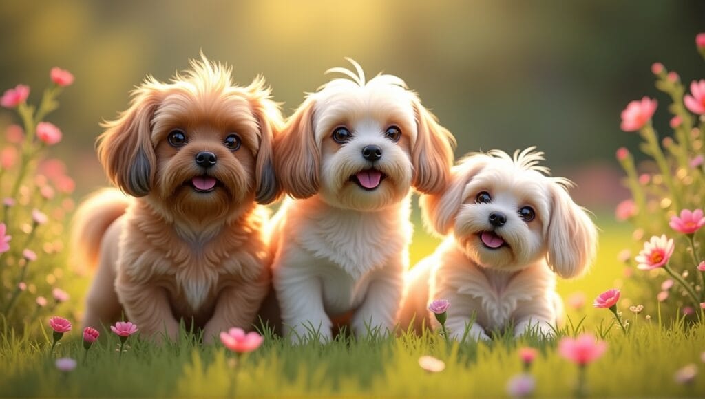 Playful small dog breeds with long hair in a sunny garden filled with flowers.