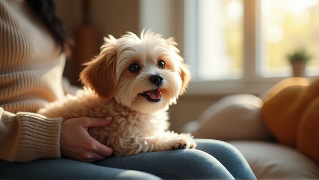 Cheerful small lap dog with fluffy coat nestled in a cozy living room.