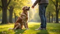 Friendly golden retriever sitting beside a trainer in a tranquil park, showing a command.