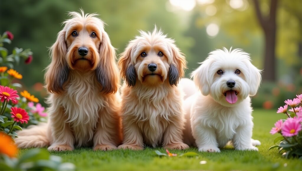 Afghan Hound, Old English Sheepdog, and Maltese in a vibrant garden with flowers.
