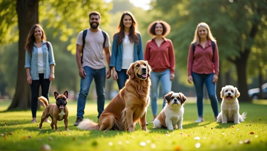 A joyful group of people with their favorite dog breeds in a sunny park.