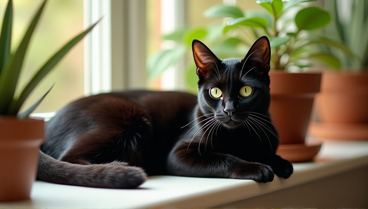 Sleek black cat with glossy fur lounging on a sunlit windowsill with potted plants.