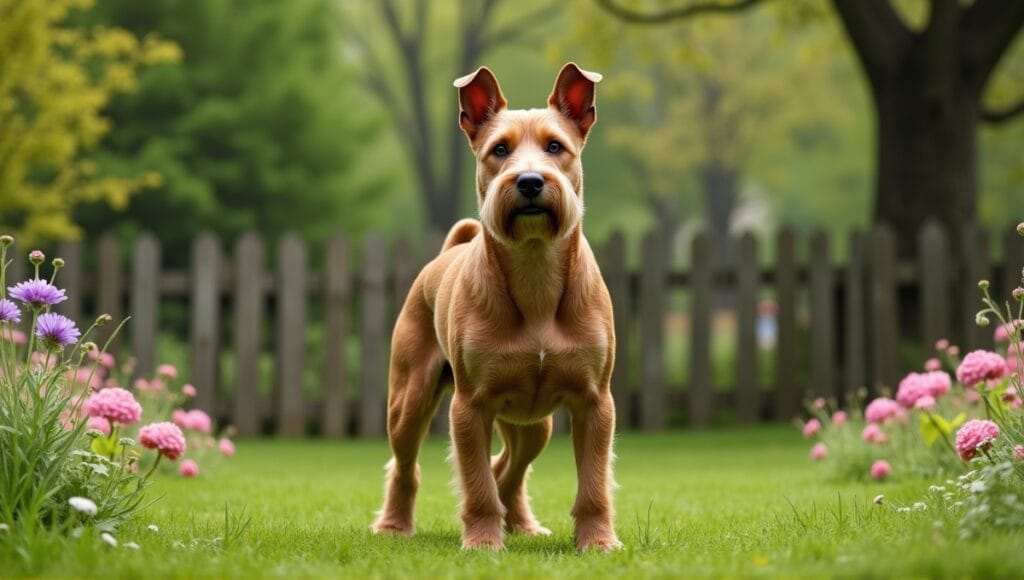 Large terrier breed with muscular build standing in a lush park, near wooden fence.
