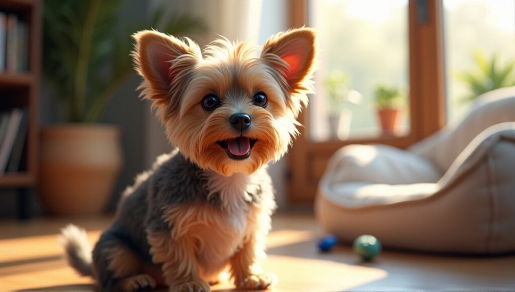 Playful mixed breed dog with unique fur patterns sitting in a cozy living room.