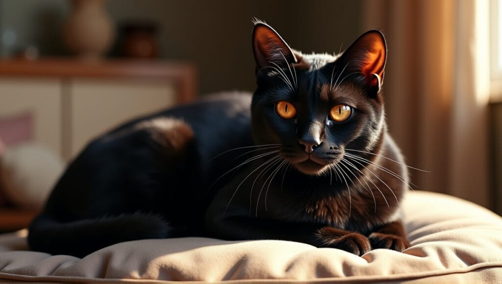 Bombay cat with sleek black coat and copper eyes resting on a cushion.