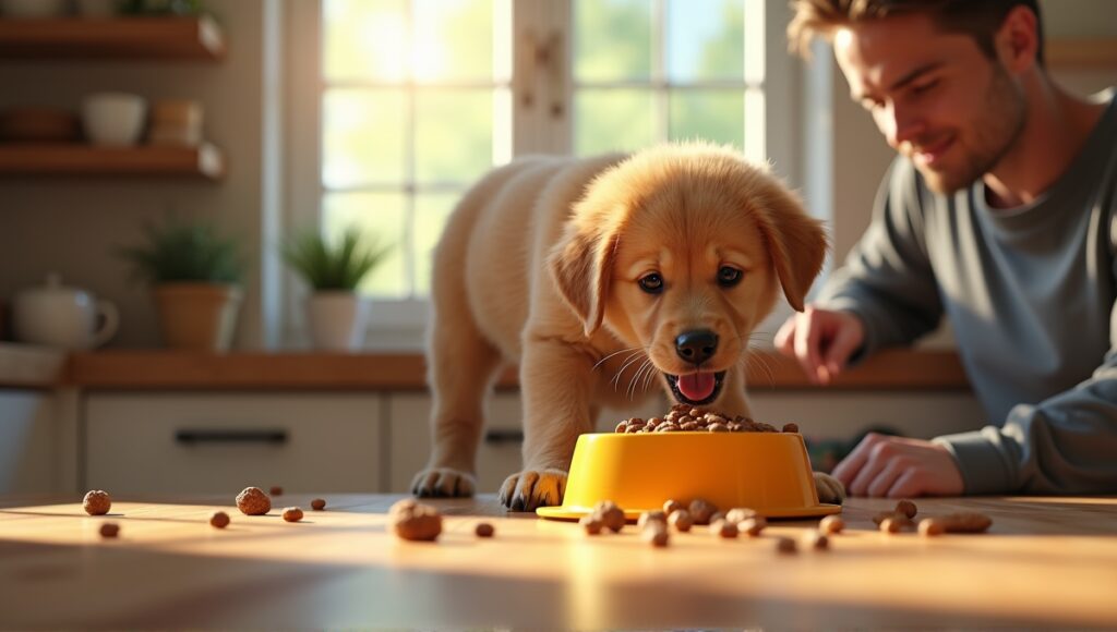 Large breed puppy happily eating from a colorful bowl in a cozy kitchen.