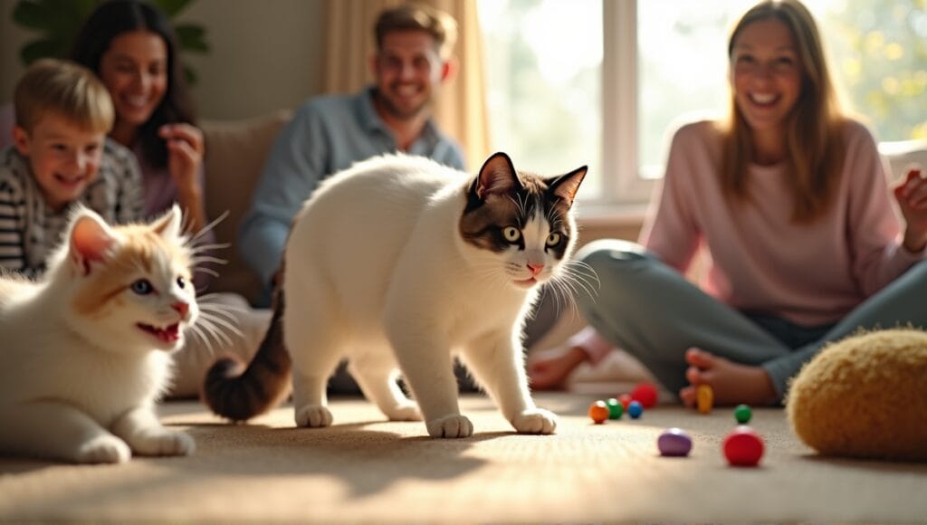 Snowshoe cat playing with family in a cozy living room filled with toys.